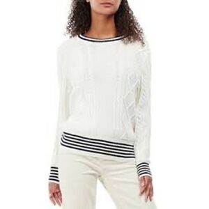 Barbour Women Cream Cable Knit Striped Trim Collegiate Sweater Size‎ 8